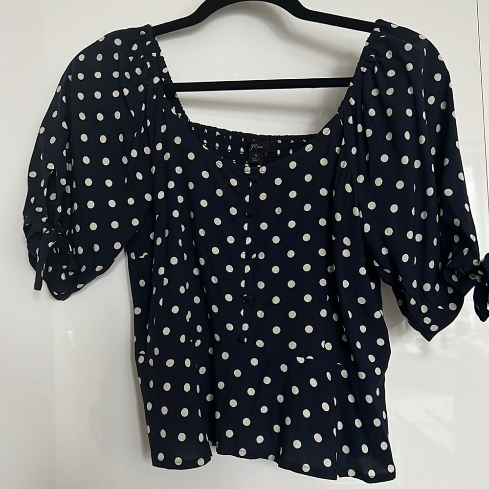 J CREW navy polka dot cropped rayon top (small)